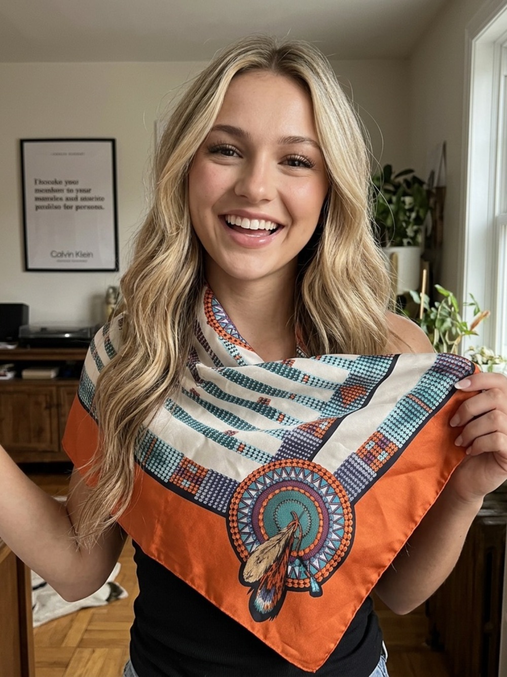 Vintage Calvin Klein 100% silk scarf.  Featuring an "Indian Feather Sun" design